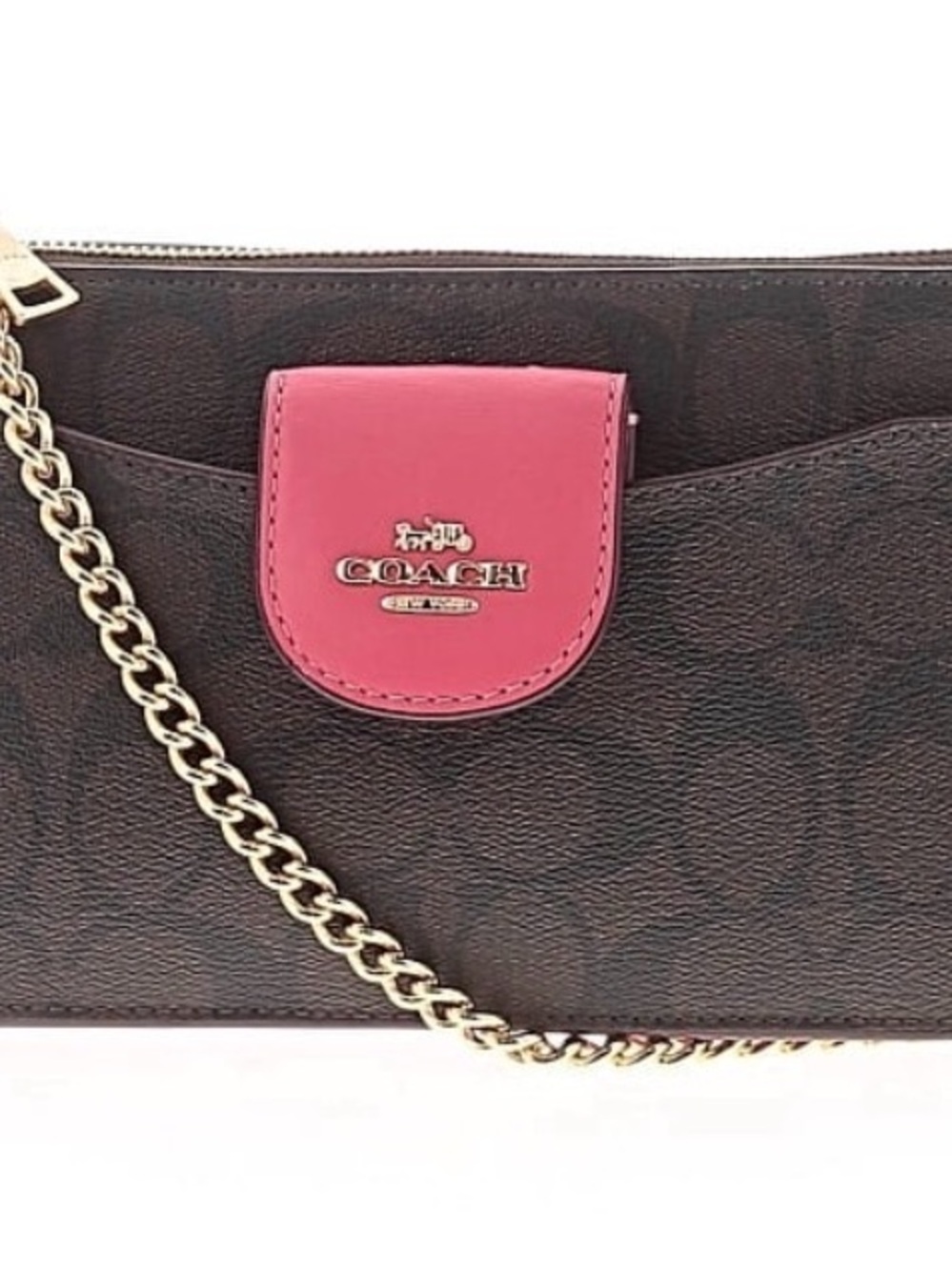 Coach Poppy Signature Crossbody Bag in Dark Brown with reddish pink card holder